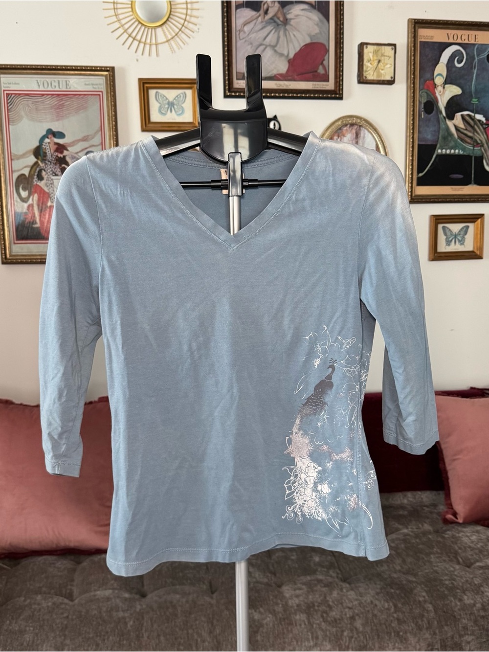 REI Pale Blue V-Neck Tee with Peacock Detail